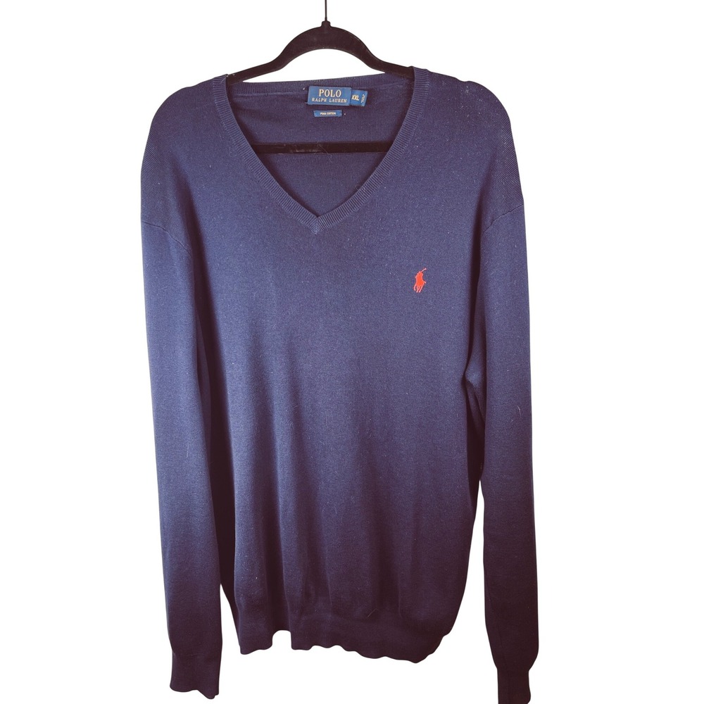Polo Ralph Lauren Mens V‎ Neck Sweater Navy Blue Pima 
Cotton XXL Red Logo